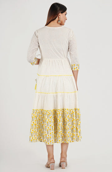 Women's Cotton Embroidered & Floral Printed Yellow Anarkali Dress with Dupatta