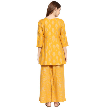 Women Woven Rayon Embroidered Polka Dot Short Kurti Palazzo Set