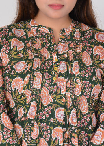 Floral Printed Woven Cotton Pin Tuck Kurta for Women