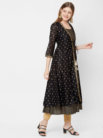 Women Layered Kurta in Woven Chanderi Party Wear Kurti with Tassels