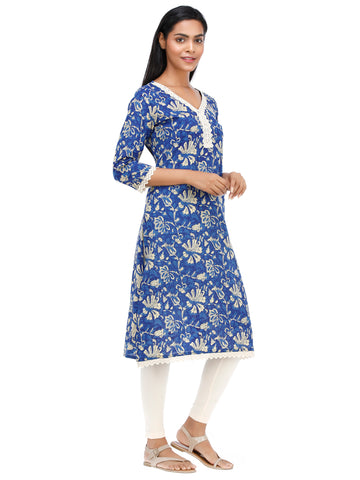 Floral Printed Woven Cambric Lace Border Indigo Kurta