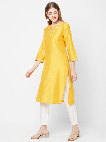 Women Woven Viscose Blend Mustard Party Wear Kurta