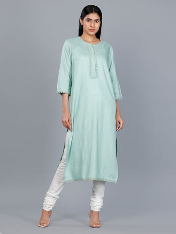Women Woven Rayon Lurex Sea Green Kurta