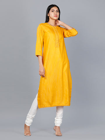 Women Woven Rayon Lurex Mustard Kurta