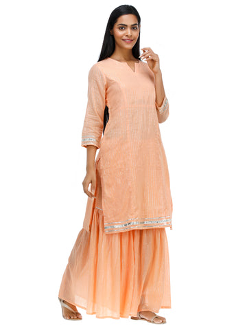 Women Woven Cotton Voile Lurex Peach Kurta Sharara Set