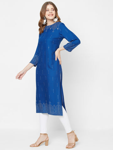 Women Woven Rayon Navy Floral Printed Kurta