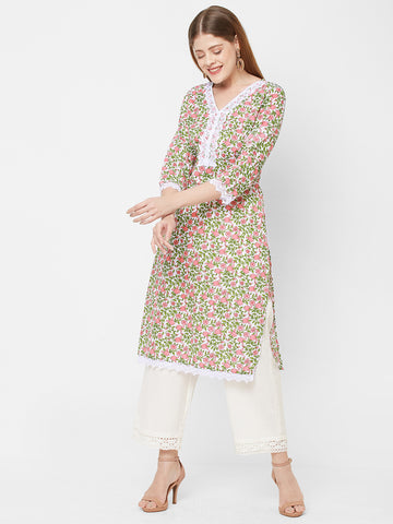 Women Woven Cambric Floral Printed Multicolour Kurta