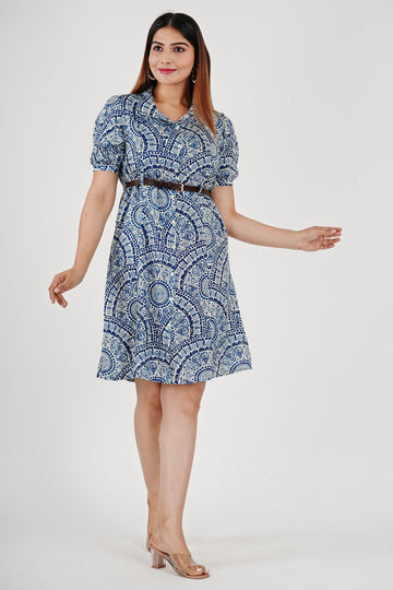 Women's Rayon Printed Elbow Sleeves Blue Dress with Belt