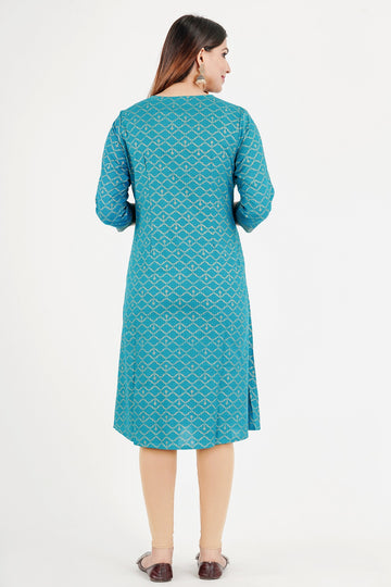 Women's Rayon Printed Blue A-line Kurta