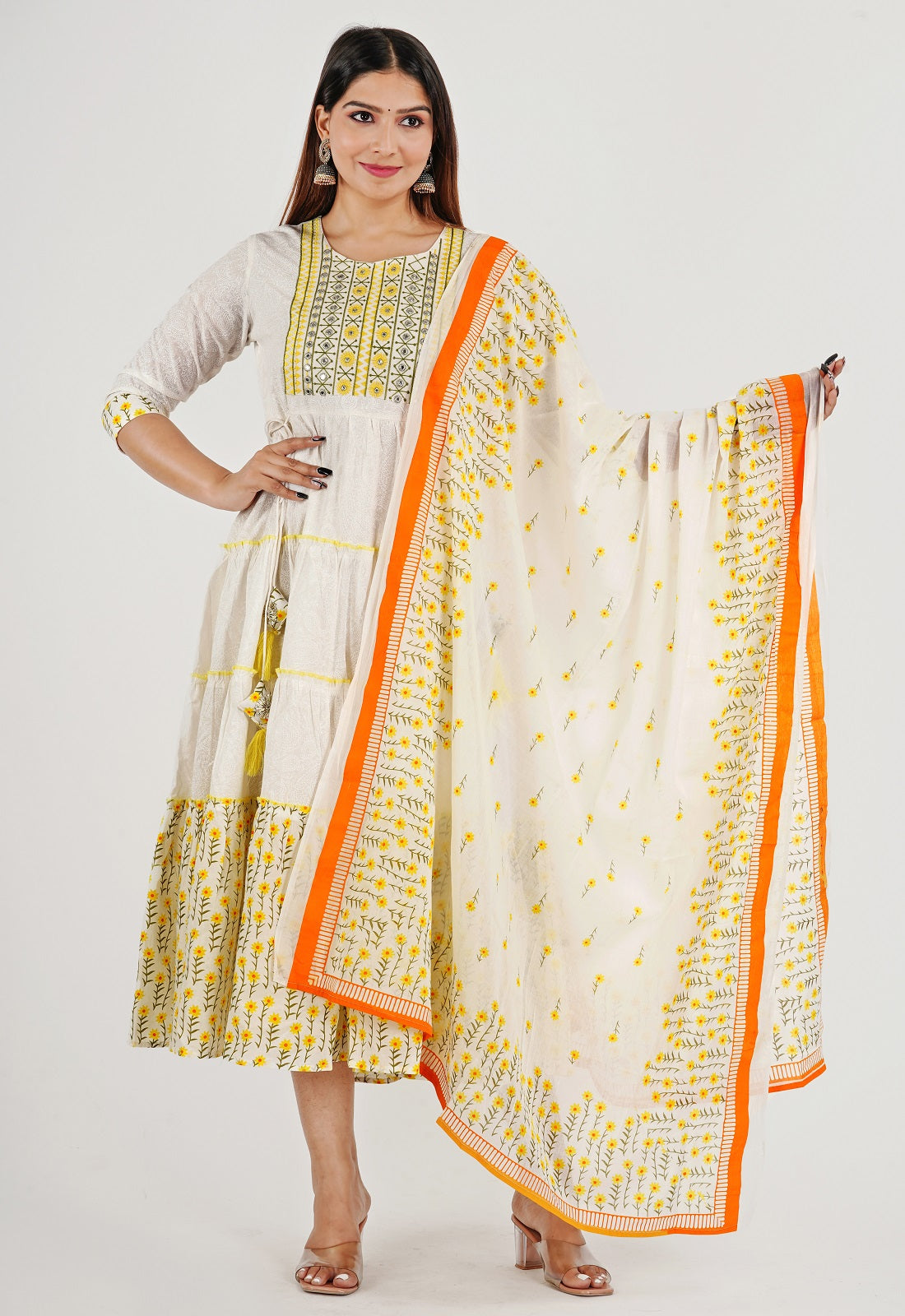 Women's Cotton Embroidered & Floral Printed Yellow Anarkali Dress with Dupatta