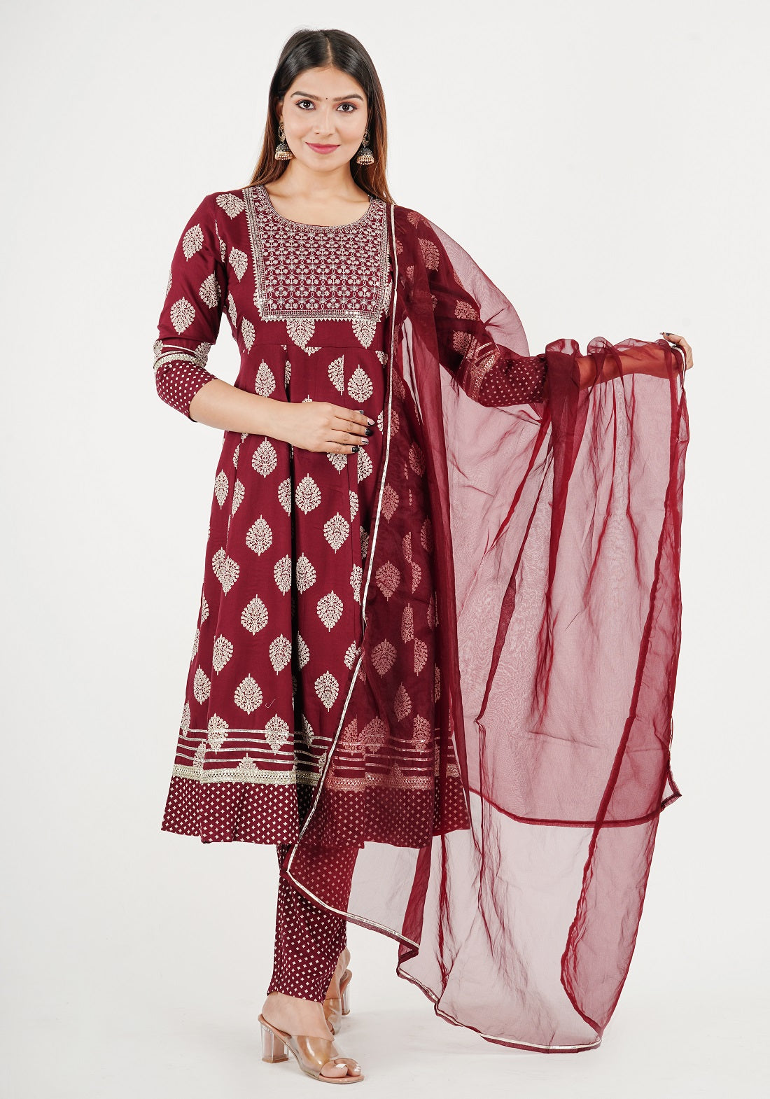 Women's Rayon Embroidered Floral Printed Anarkali Kurta Pant with Dupatta