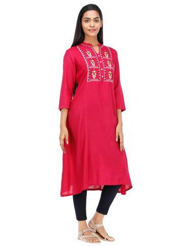 Women Woven Rayon Embroidered A Line Kurta