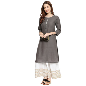 Women Woven Slub Solid Straight Kurta