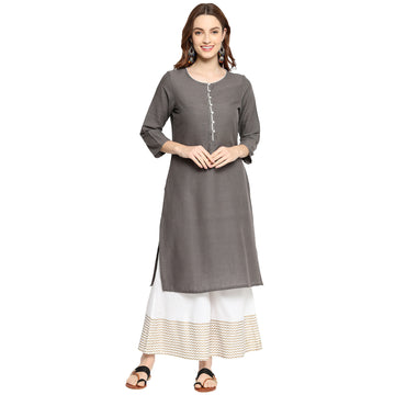 Women Woven Slub Solid Straight Kurta