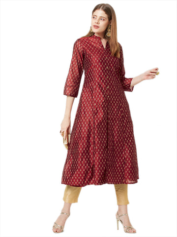 Women Wear Layered Woven Chanderi Printed Ethnic Kurta