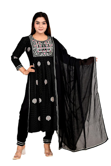 Women Embroidered Kurti Pant Dupatta Woven Rayon Ethnic Wear Set