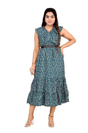 Women Printed Tier Poly Crape Printed Ethnic Wear Dress