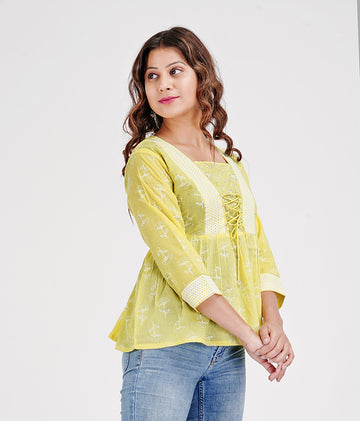 Women Printed Gather Top Woven Cotton Top