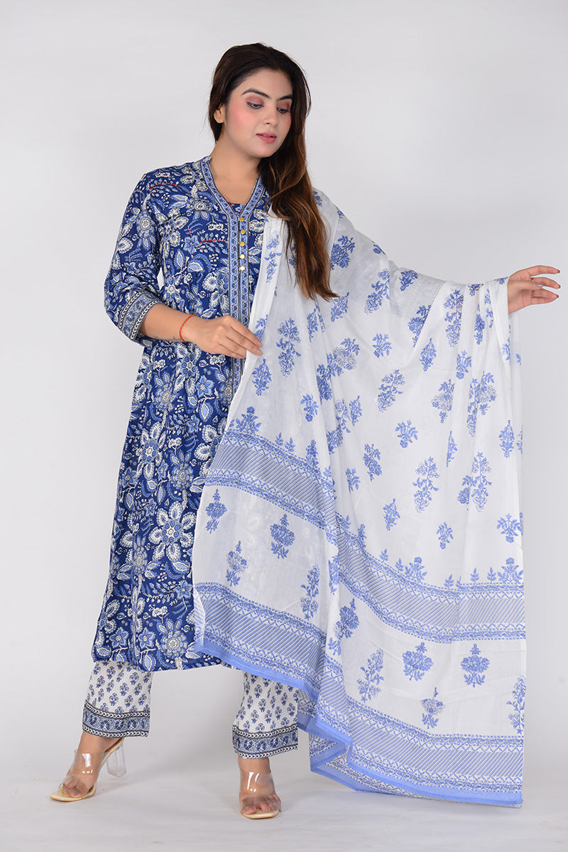 Women Printed Woven Cotton Kurta Pant with Dupatta Set