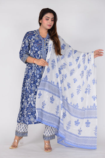 Women Printed Woven Cotton Kurta Pant with Dupatta Set