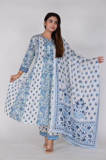 Women Anarkali Kurta Palazzo with Dupatta Printed Woven Cotton Set