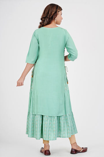 Women Woven Rayon Embroidered Layered Kurta