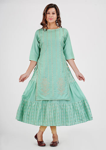 Women Woven Rayon Embroidered Layered Kurta