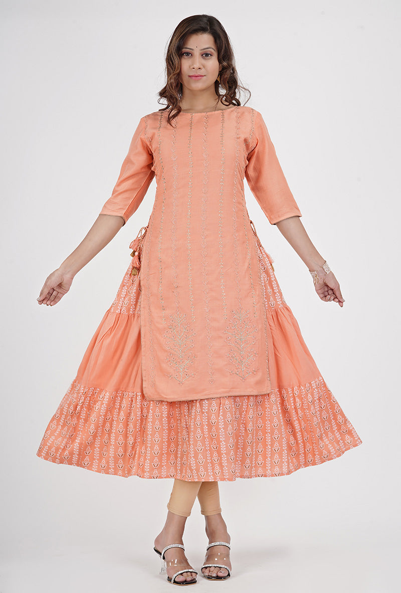 Women Woven Rayon Embroidered Layered Kurta