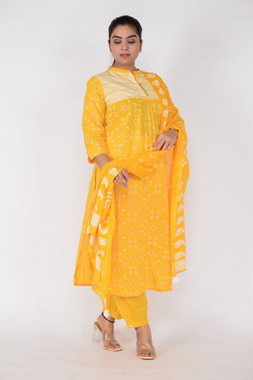 Women Printed Straight Fit Woven Cotton Kurta Pant Dupatta Set