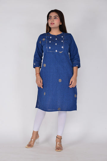 Solid Straight Fit Yarn Dyed Dark Blue Ethnic Kurta