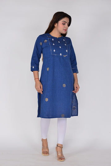 Solid Straight Fit Yarn Dyed Dark Blue Ethnic Kurta