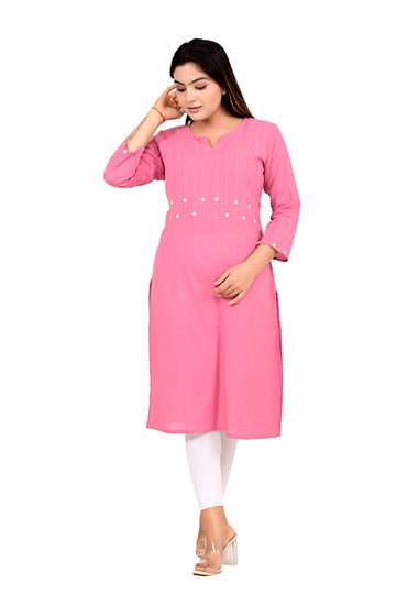 Women Straight Fit Woven Embroidered and Mirror Work Cotton Ethnic Kurta