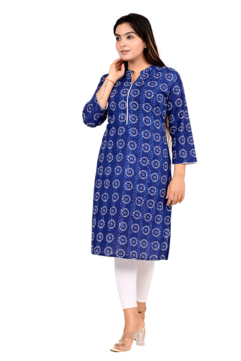 Women Printed Straight Fit Woven Cotton Blue Ethnic Kurta