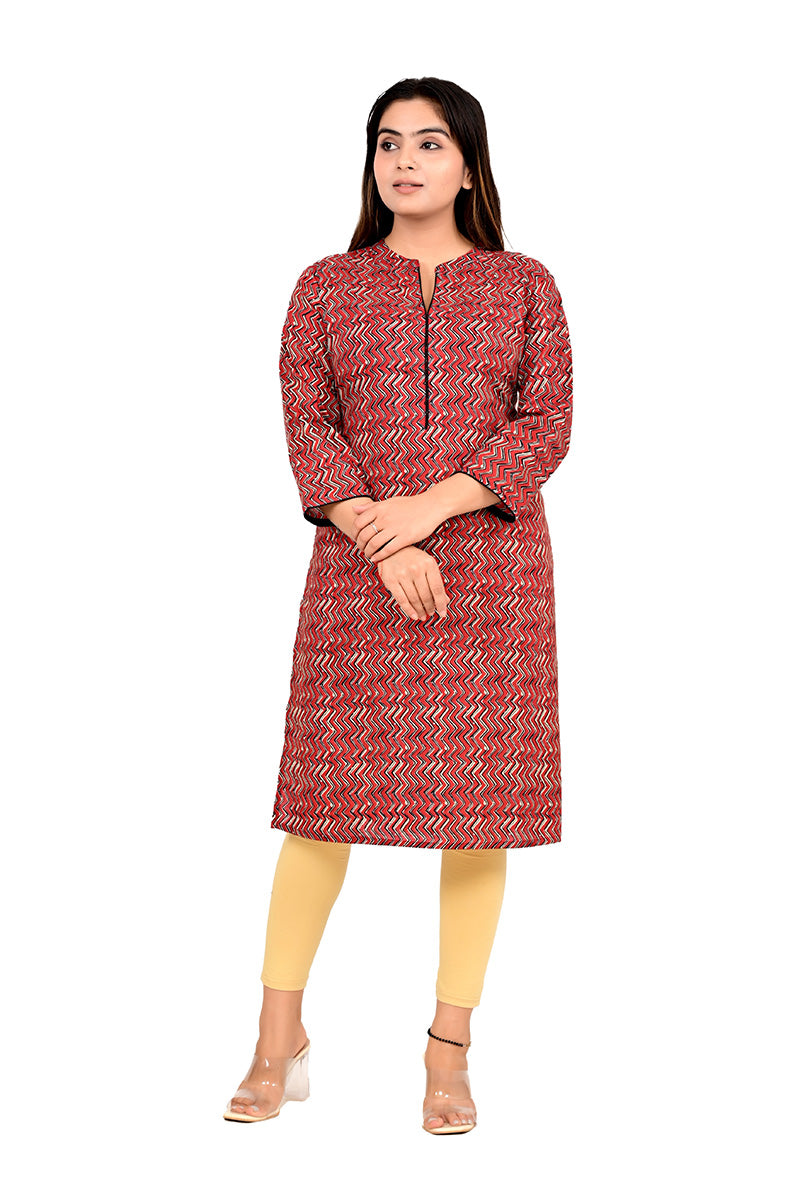 Sitayya Women Printed Straight Fit Woven Cotton Maroon Ethnic Kurta