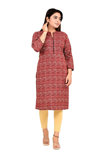 Women Printed Straight Fit Woven Cotton Maroon Ethnic Kurta