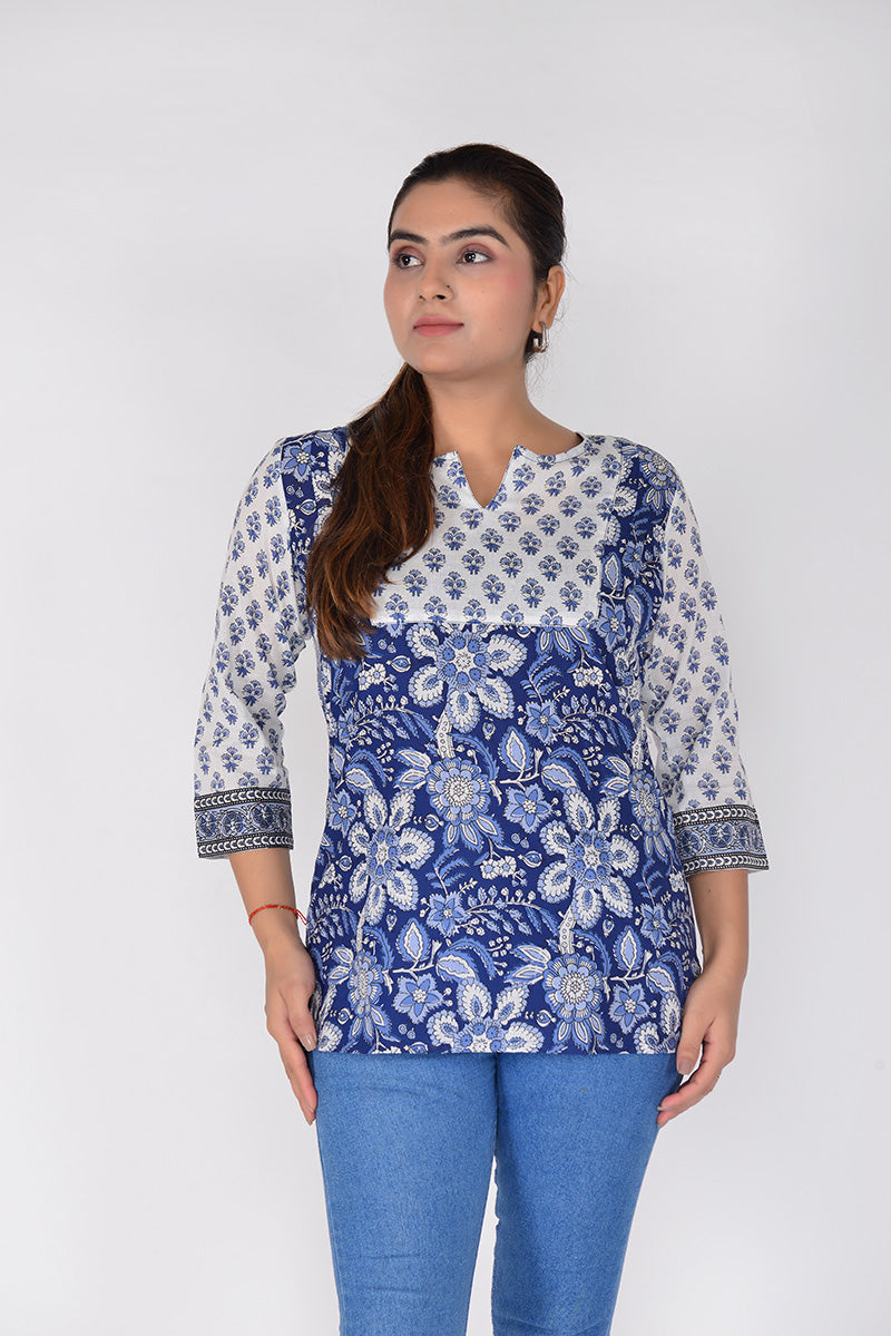 Women Woven Cotton Printed Blue Short Top