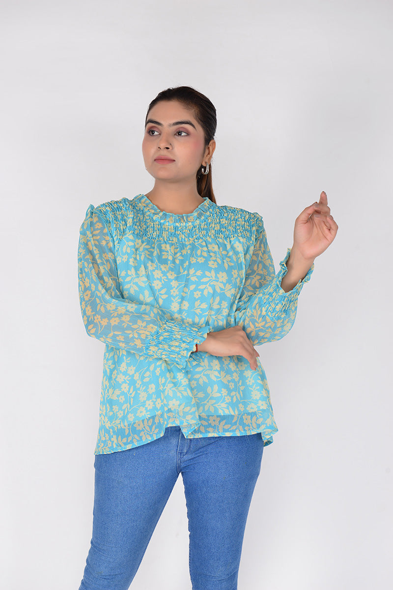 Women Printed Smocking Tops Chiffon Ethnic Wear Top