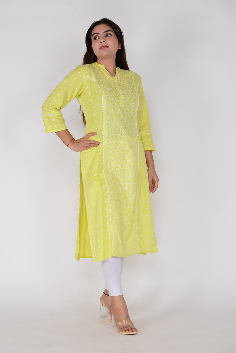 Women Printed Lace Work Straight Fit Woven Cotton Ethnic Kurta