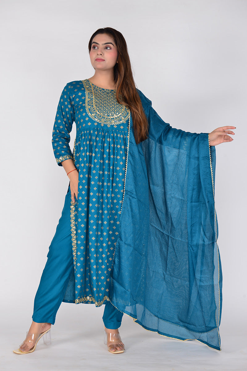 Women Zari Embroidered Printed Woven Rayon Ethnic Wear Kurta Pant Dupatta Set