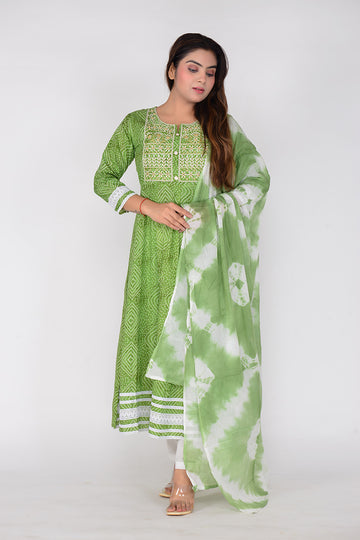 Women Bandhani Printed Zari Embroidered Woven Cotton Ethnic Kurta Pant Dupatta Set
