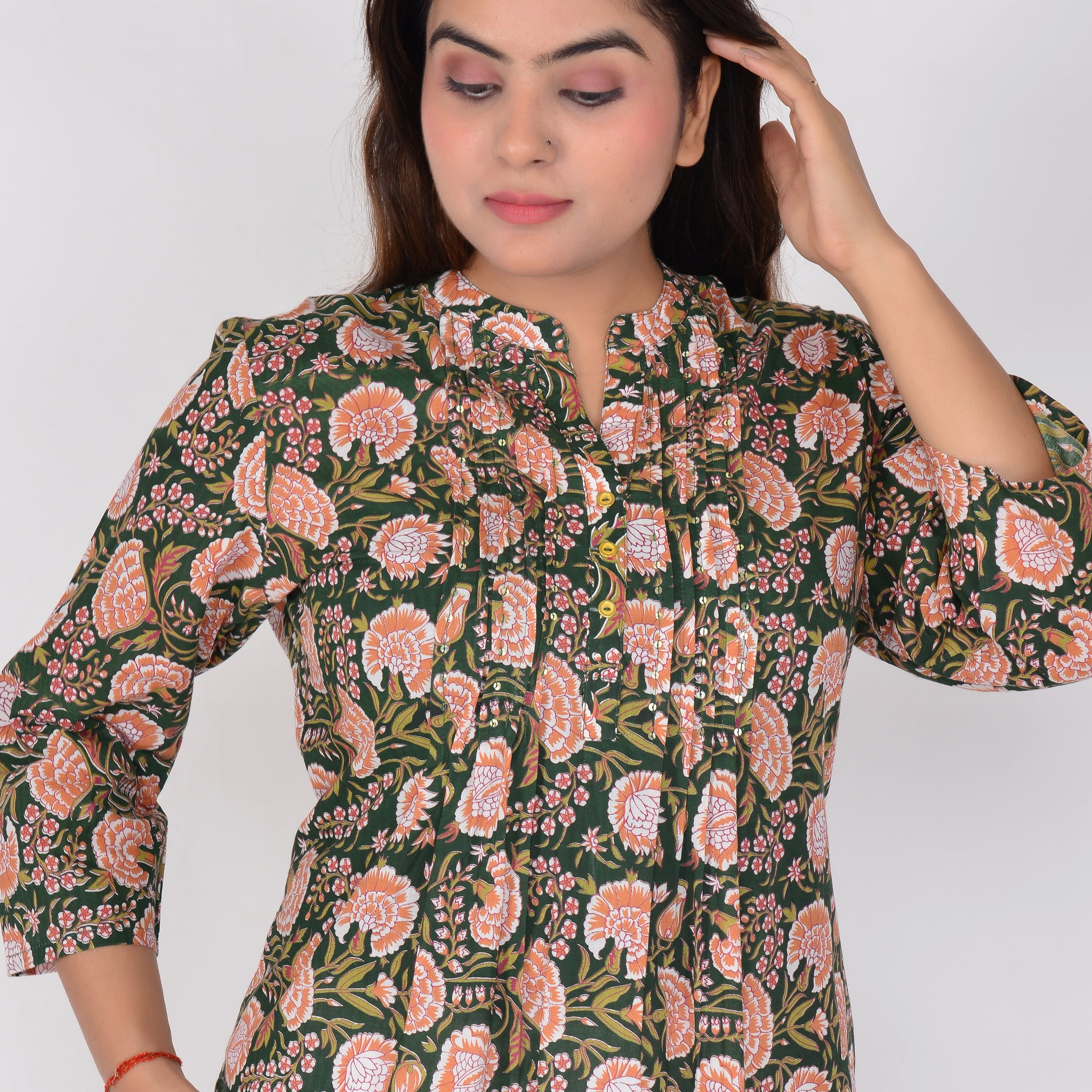 Floral Printed Woven Cotton Pin Tuck Kurta for Women