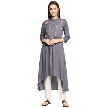 Women High Low Woven Rayon Kurti with Embroidery