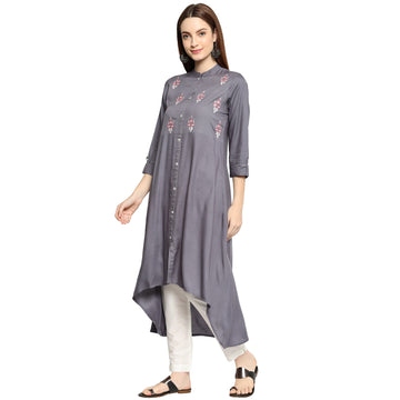 Women High Low Woven Rayon Kurti with Embroidery