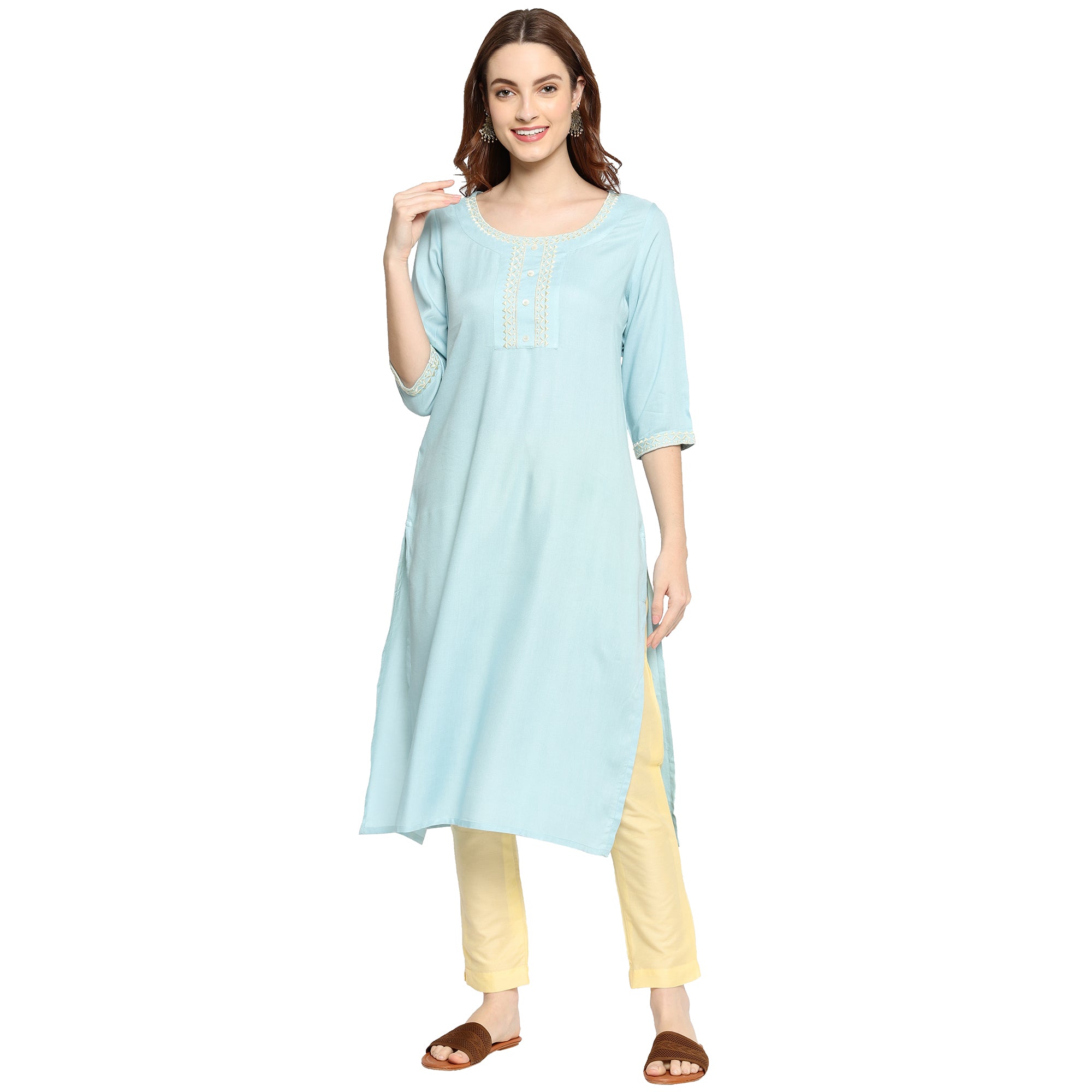 Women's Wear Woven Rayon Straight Kurti with Embroidered Work