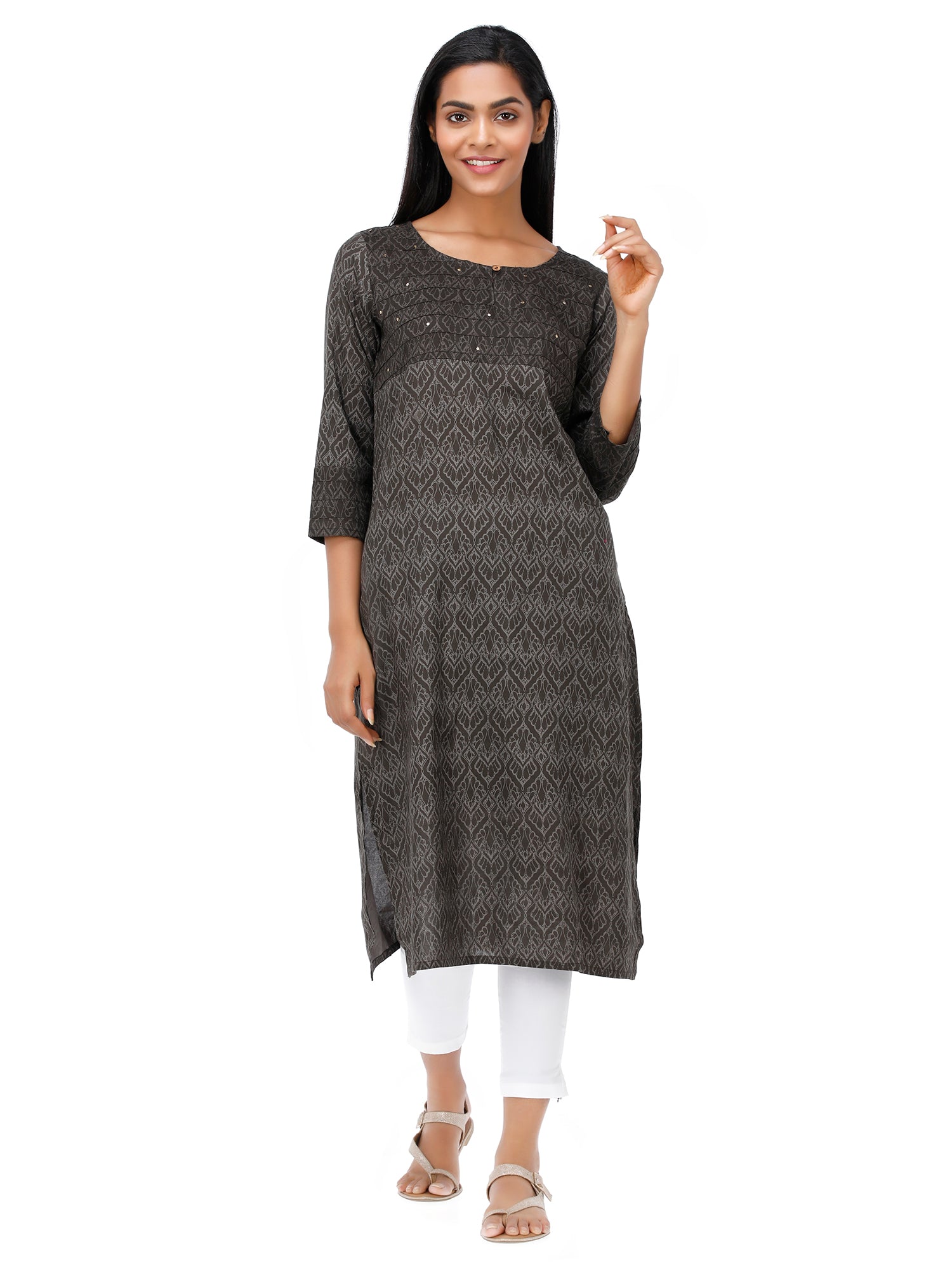 Women Kurti in Woven Rayon Grey Printed Straight Style