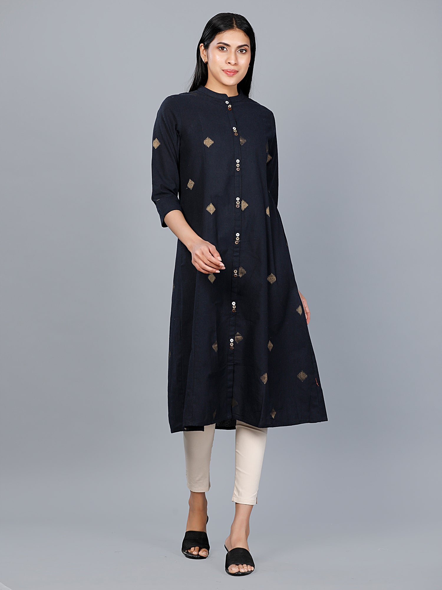 Women's Wear Printed A Line Woven Blend Yarn Dyed Navy Kurta