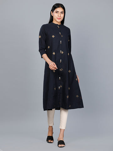 Women's Wear Printed A Line Woven Blend Yarn Dyed Navy Kurta