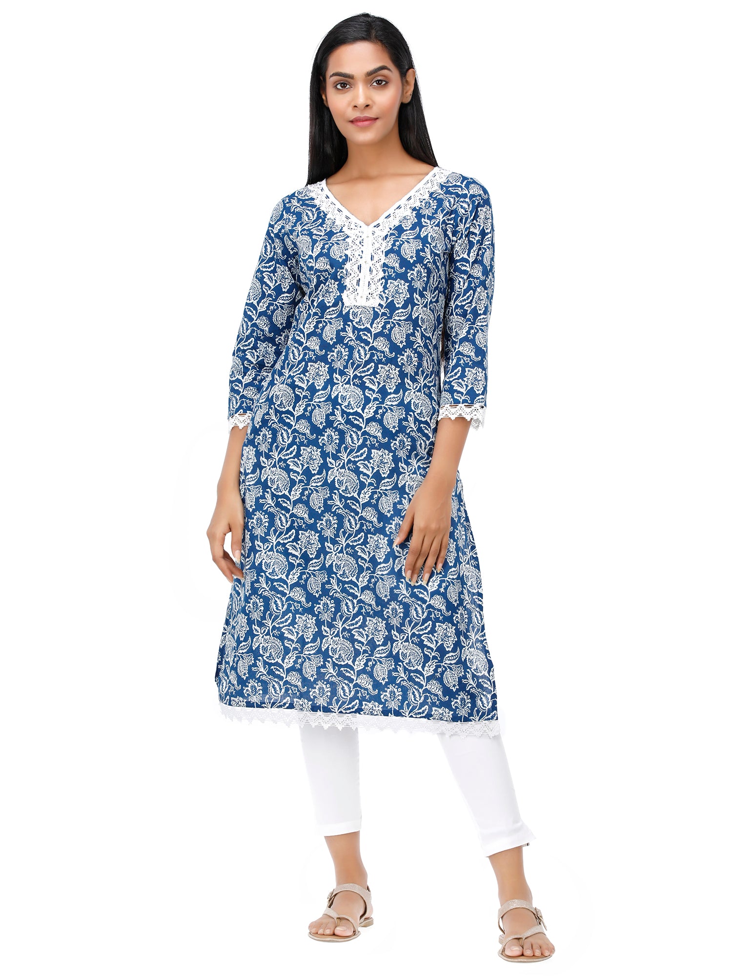 Women Straight Fit Woven Cambric Printed Kurti with Lace Work