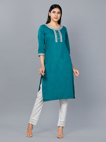 Embroidered Yarn Dyed Straight Fit Woven Blend Ethnic Kurta for Women