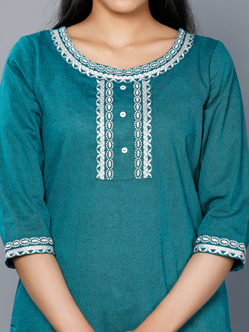 Embroidered Yarn Dyed Straight Fit Woven Blend Ethnic Kurta for Women
